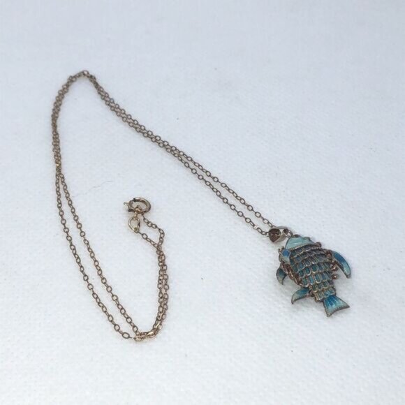 Antique 14k Gold Filled Blue Fish Necklace - Picture 2 of 5